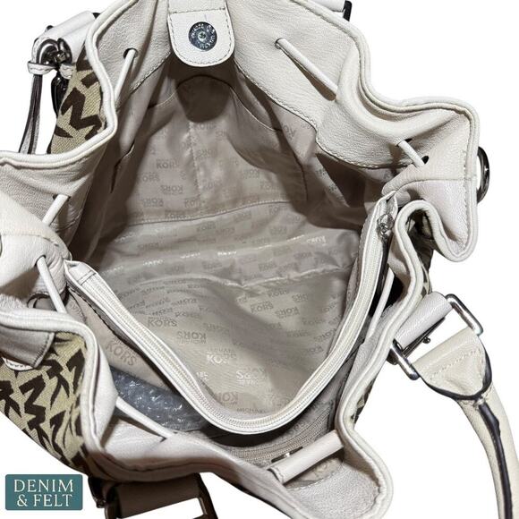 Michael Kors MK Logo Canvas Satchel with Cream Leather Trim & Charm Tote Bag - Picture 13 of 16